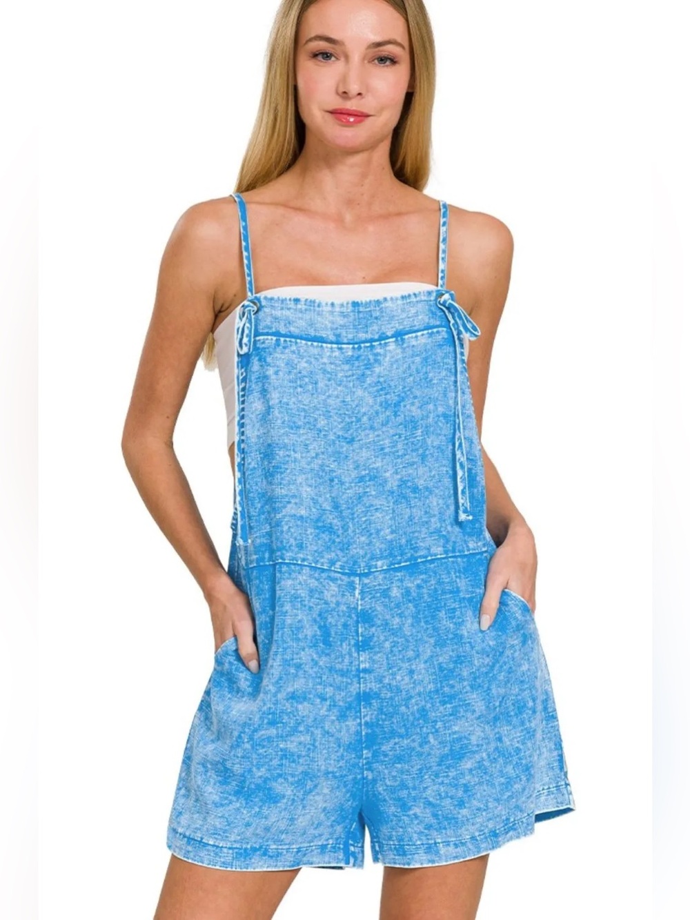 Zenana Acid Wash Linen Blend Tie Strap Romper S, M